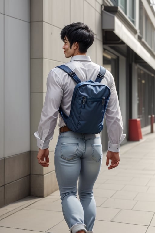 Skinny_korean_man, handsome, black_short_hair, white_dress_shirt,long_sleeves,blue_jeans,back_pack,university,walking