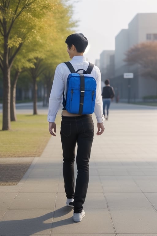 Skinny_korean_man, handsome, black_short_hair, white_dress_shirt,long_sleeves,blue_jeans,back_pack,university,walking