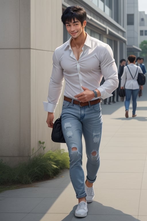 muscular_korean_man, handsome, black_short_hair, white_dress_shirt,long_sleeves,blue_jeans,bag,school,walking