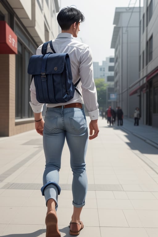 Skinny_korean_man, handsome, black_short_hair, white_dress_shirt,long_sleeves,blue_jeans,back_pack,university,walking