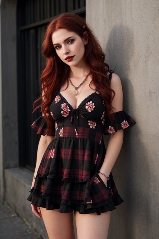 a cute seductive 18yo woman with dark red hair wearing Design a grunge-inspired dress for a woman. Opt for a babydoll silhouette with a floral or plaid print, and give it a grunge twist by layering it over a black fishnet top. Pair it with combat boots and accessorize with layered necklaces, dark lipstick, and smudged eyeliner for a bold and rebellious look. hyper detailed:1.5, 8k, extremely intricate:1.3, medium_breasts,  realism,  freckles,  dark_red_hair,  highly detailed face, no_panties,seductive smile