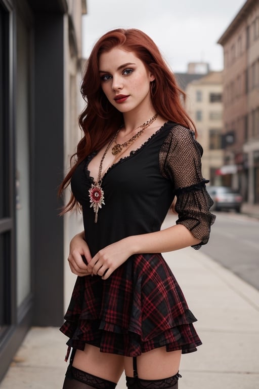 a cute seductive 18yo woman with dark red hair wearing Design a grunge-inspired dress for a woman. Opt for a babydoll silhouette with a floral or plaid print, and give it a grunge twist by layering it over a black fishnet top. Pair it with combat boots and accessorize with layered necklaces, dark lipstick, and smudged eyeliner for a bold and rebellious look. hyper detailed:1.5, 8k, extremely intricate:1.3, medium_breasts,  realism,  freckles,  dark_red_hair,  highly detailed face, no_panties,seductive smile