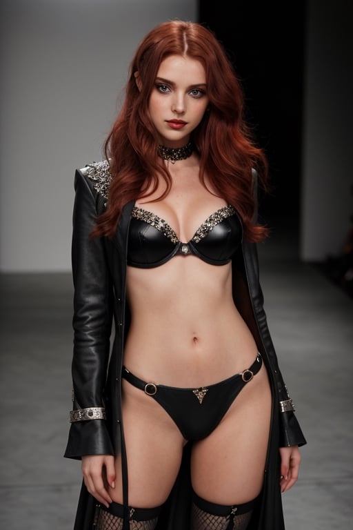 a cute seductive 18yo woman with dark red hair wearingDesign a metal-inspired outfit for a woman that combines elements of dark glamour, rebellion, and edginess. Incorporate [specific fabric/material] and [specific embellishment] to create a statement piece, such as a [specific garment]. Add [specific accessories] to complete the look and enhance the overall metal aesthetic. Consider playing with [specific colors or color schemes] to evoke a strong visual impact. Experiment with [specific silhouettes or shapes] to create a unique and empowering ensemble that captures the essence of the metal style., hyper detailed:1.5, 8k, extremely intricate:1.3, medium_breasts,  realism,  freckles,  dark_red_hair,  highly detailed face, no_panties,seductive smile