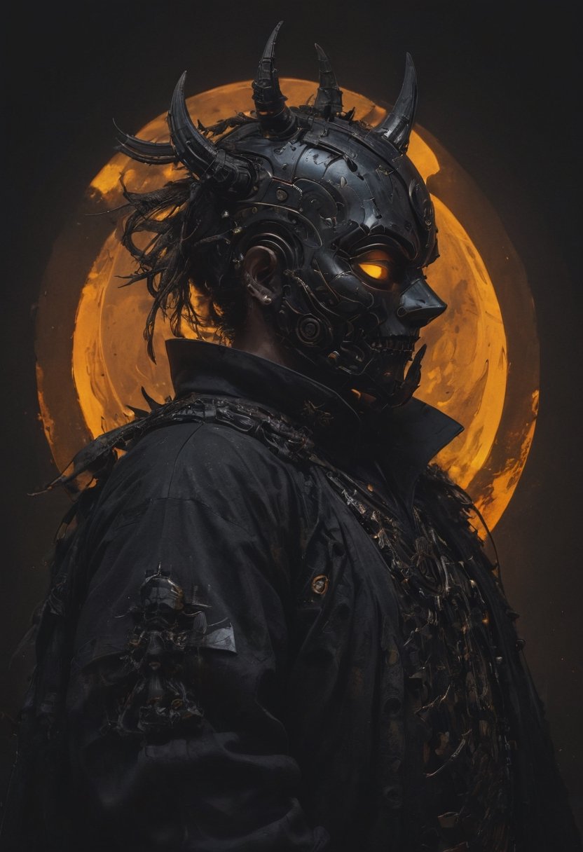 closeup, Lenticular, DARK, Low Angle View,. a hkstyle man with rotten horned Guy fawkes oni mask and a outworn detailed old high collar cyberpunk Samurai jacket, translucent amber Horns, one top Hairbun, glowing hair, Large linen cape ,surrounded by a detailed monochrome spacescape with translucent dark-amber Highlights, hyper-detailed, sharp, high resolution, high quality, 32K, Ultra realistic, HD, super detailed, line art, abstract style
,vntblk,black