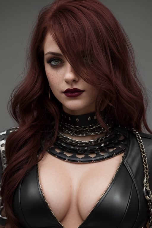 a cute seductive 18yo woman with dark red hair wearingDesign a metal-inspired outfit for a woman that combines elements of dark glamour, rebellion, and edginess. Incorporate [specific fabric/material] and [specific embellishment] to create a statement piece, such as a [specific garment]. Add [specific accessories] to complete the look and enhance the overall metal aesthetic. Consider playing with [specific colors or color schemes] to evoke a strong visual impact. Experiment with [specific silhouettes or shapes] to create a unique and empowering ensemble that captures the essence of the metal style., hyper detailed:1.5, 8k, extremely intricate:1.3, medium_breasts,  realism,  freckles,  dark_red_hair,  highly detailed face, no_panties,seductive smile