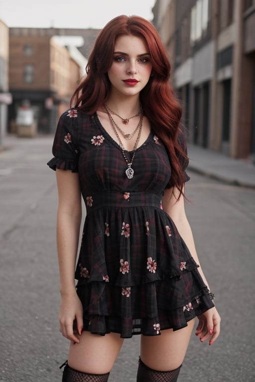 a cute seductive 18yo woman with dark red hair wearing Design a grunge-inspired dress for a woman. Opt for a babydoll silhouette with a floral or plaid print, and give it a grunge twist by layering it over a black fishnet top. Pair it with combat boots and accessorize with layered necklaces, dark lipstick, and smudged eyeliner for a bold and rebellious look. hyper detailed:1.5, 8k, extremely intricate:1.3, medium_breasts,  realism,  freckles,  dark_red_hair,  highly detailed face, no_panties,seductive smile