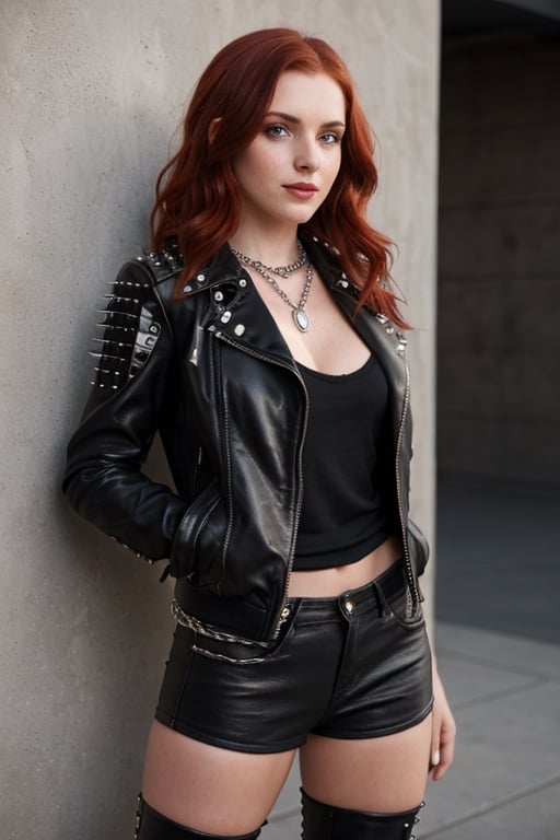 a cute seductive 18yo woman with dark red hair wearing Design a bold and fierce metal-inspired outfit for a woman. Create a statement piece, such as a black leather jacket adorned with metal studs and spikes. Pair it with a graphic band tee and ripped black skinny jeans. Complete the look with knee-high leather boots and accessorize with a silver chain necklace and a stack of metal bracelets. hyper detailed:1.5, 8k, extremely intricate:1.3, medium_breasts,  realism,  freckles,  dark_red_hair,  highly detailed face, no_panties,seductive smile