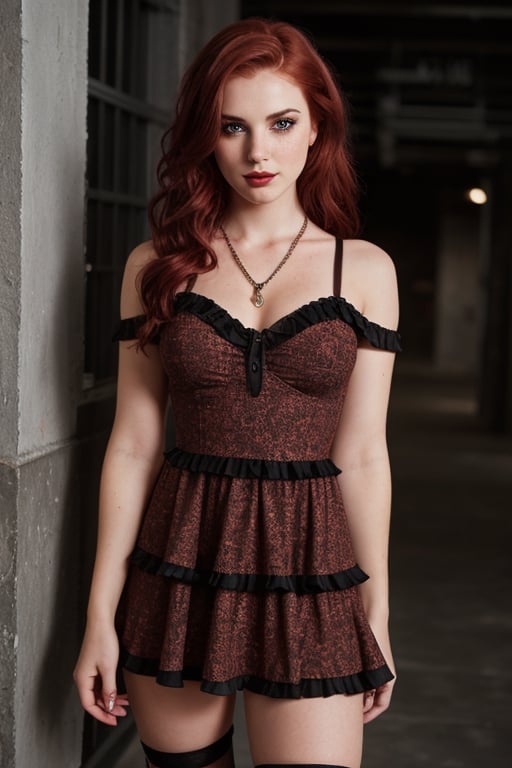 a cute seductive 18yo woman with dark red hair wearing Design a grunge-inspired dress for a woman. Opt for a babydoll silhouette with a floral or plaid print, and give it a grunge twist by layering it over a black fishnet top. Pair it with combat boots and accessorize with layered necklaces, dark lipstick, and smudged eyeliner for a bold and rebellious look. hyper detailed:1.5, 8k, extremely intricate:1.3, medium_breasts,  realism,  freckles,  dark_red_hair,  highly detailed face, no_panties,seductive smile