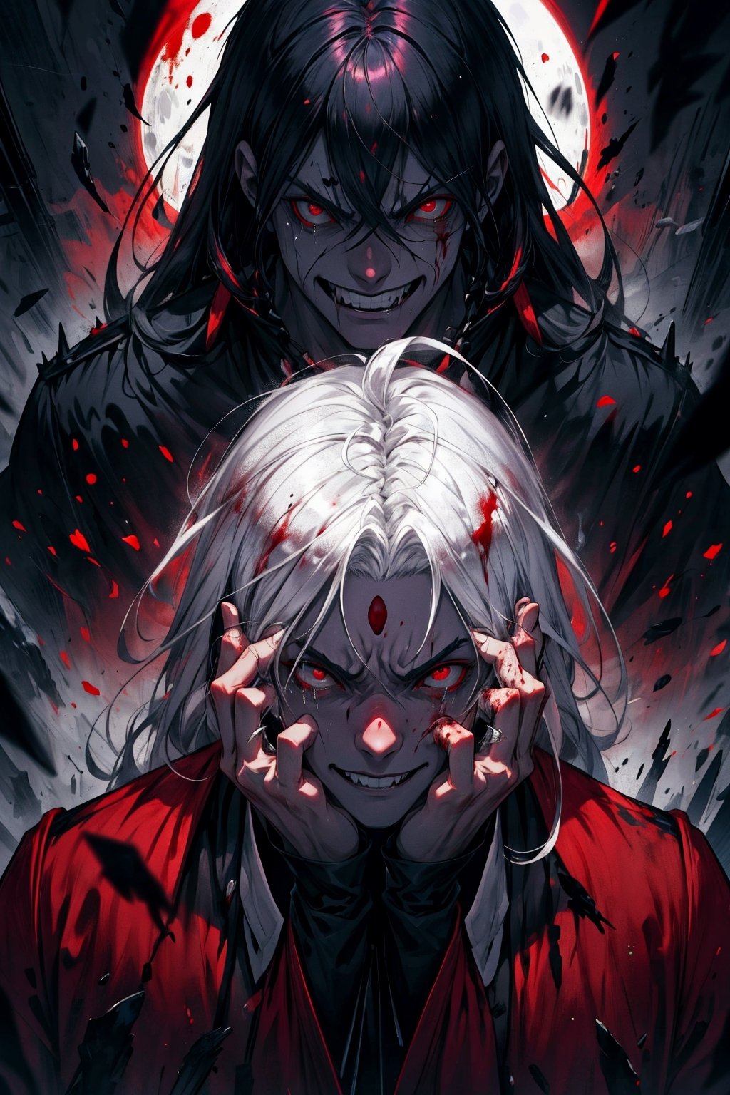 best quality,HQ,8K, Elric of Melniboné, albino man, long hair milk-white. tapering, beautiful head, two slanting eyes, ((red eyes)), loose sleeves ,boodstained robes, Germany Male, enraged, twisted lips, bloody  face, insane, evil, grim smile  mad with power, cruel,
bloodied hands, insane, tears, fury, rage,hands on forhead,fighting his inner demons,
,High detailed, corrupt by evil powers,High detailed 