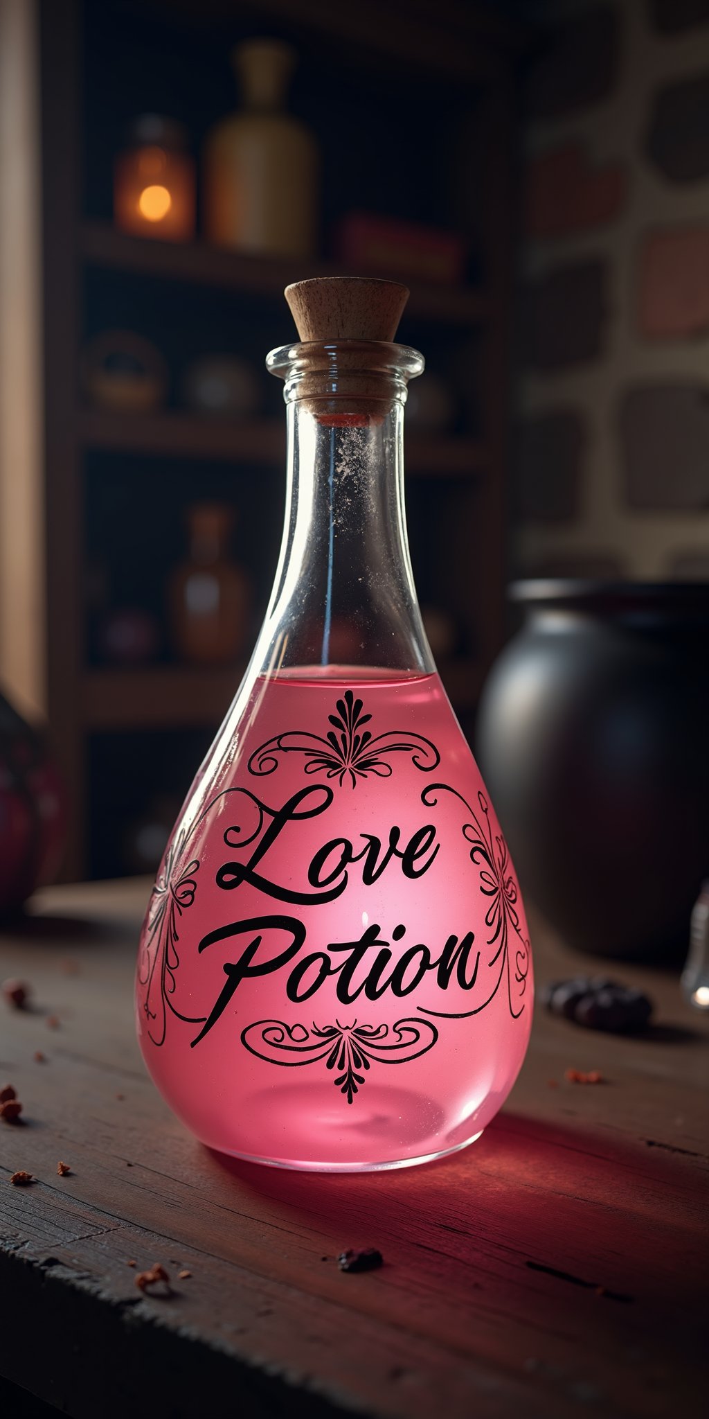 Close-up shot of a delicate glass potion containing a pink liquid. The label 'Love Potion' is prominently displayed on the front, with intricate cursive script and ornate design elements. Soft, diffused lighting casts a warm glow on the flask, highlighting the subtle curves of the glass. In the background, a blurred, dark cellar with a cauldron shelf provides a subtle context for the mysterious potion.