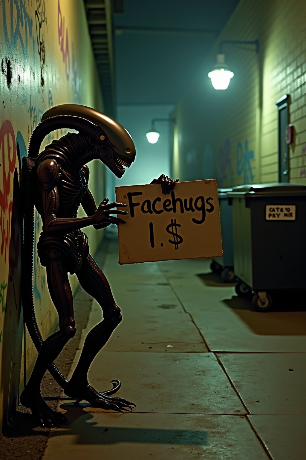 A hauntingly lit, dimly lit alleyway sets the scene as a frightening Xenomorph holds a worn-out cardboard sign reading Facehugs 1$. The alien's razor-sharp claws grasp the sign, its long, slender body slumped against a graffiti-covered wall. A faint glow from nearby dumpsters casts an eerie light on the creature's sneaky expression, eyes pleading for a pittance, but it it a trap?