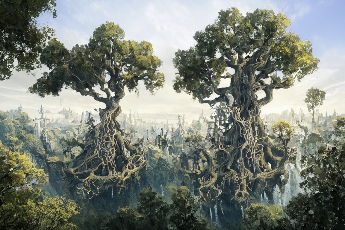 masterpiece, best quality,no_humans,scenery, ,wrench_elven_arch,yggdrasil,tree of life,faxanadu,tree of the gods, cities on brances, epic proportion, gigantic tree. tree with cities carved into the root, cities amongs the brances,