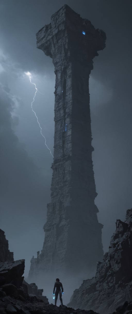 An upside down tower hanging down from the clouds,ghostly blue lights, magical lightning, dark fantasy, gritty, exploring, misty, 80s movie feeling, amongst stony ruins of alien origin, an omnious megalithic tower, wierd fantasy, 