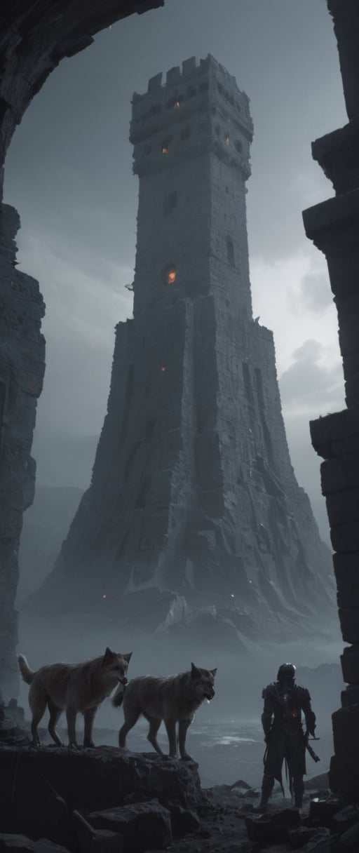 Mostrous wolfs are guarding the tower,their eyes glow, dark fantasy, gritty, exploring, misty, 80s movie feeling, amongst stony ruins of alien origin, an omnious megalithic tower rises in the backround,light glowing atop,