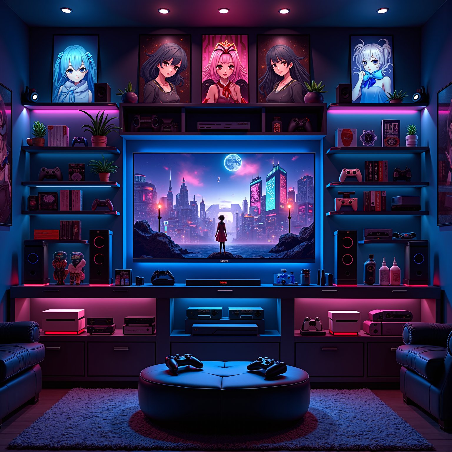 A perfectly symmetrical and sleek mancave, where precision meets indulgence. The plasma TV dominates the focal point, surrounded by rows of video game consoles and controllers, their neon hues glistening in harmony. A shelf above, adorned with DVDs and posters of anime waifus, adds a touch of whimsy. Comfy seating and snacks at the ready, this modern retreat exudes elite sophistication.