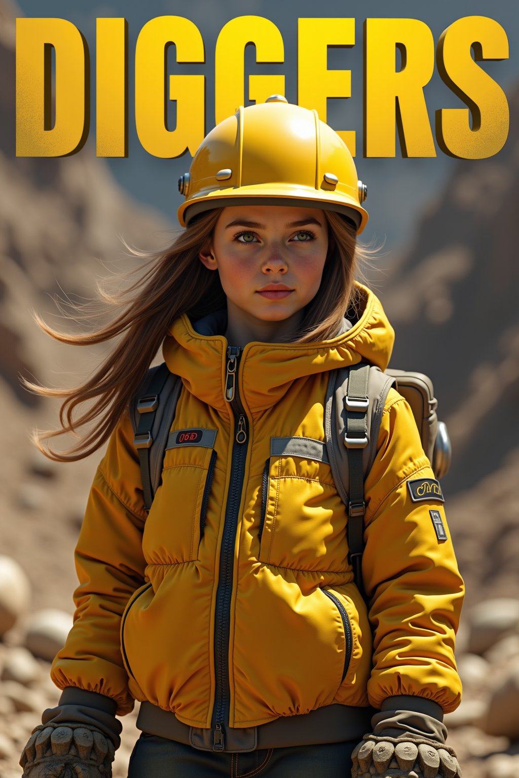 magazine cover, large golden font on top, "GOLD DIGGERS" as the world famous magazine. Generate a cover for the magazine "GOLD DIGGERS featuring: (masterpiece, high quality, 8K, high_res), 
nature art style, real picture, klondyke, girl with helmet reflex vest and golden showel, insinuation at the double meaning of the word gold digger, 
