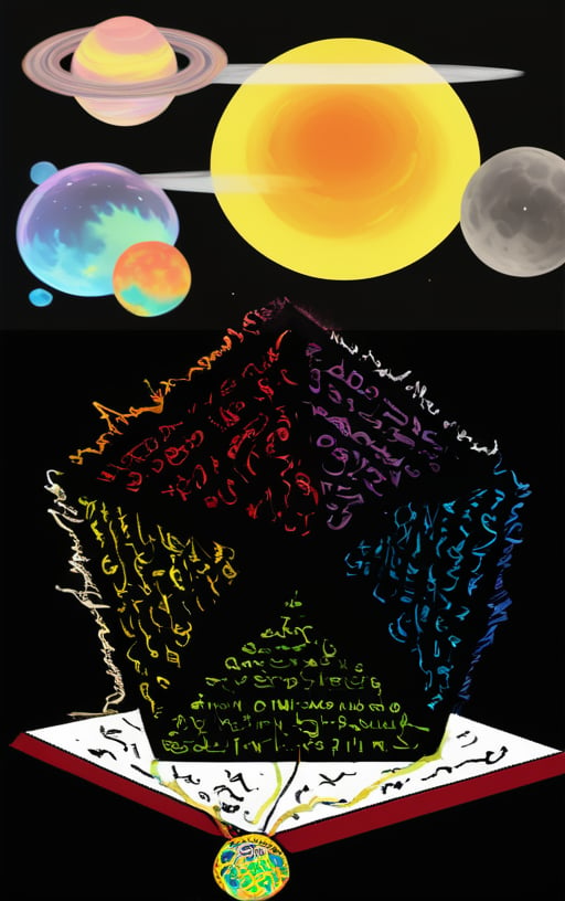 Contained Color,Color Splash,colorful,glowing,shining,Vibrant, swirling planetary spheres hover above a dark, six-sided hexagon, their colors blending in harmony. Inside the geometric shape, intricate, (runic script,heiroglyps),ancient texture, forms a star-shaped boundary around the central axis, where a mysterious, hovering book lies open, its pages fluttering slightly. The tiny Earth-like planet is tethered to the book's edge by an ethereal thread, as if waiting to be explored.Contained Color,Color Splash