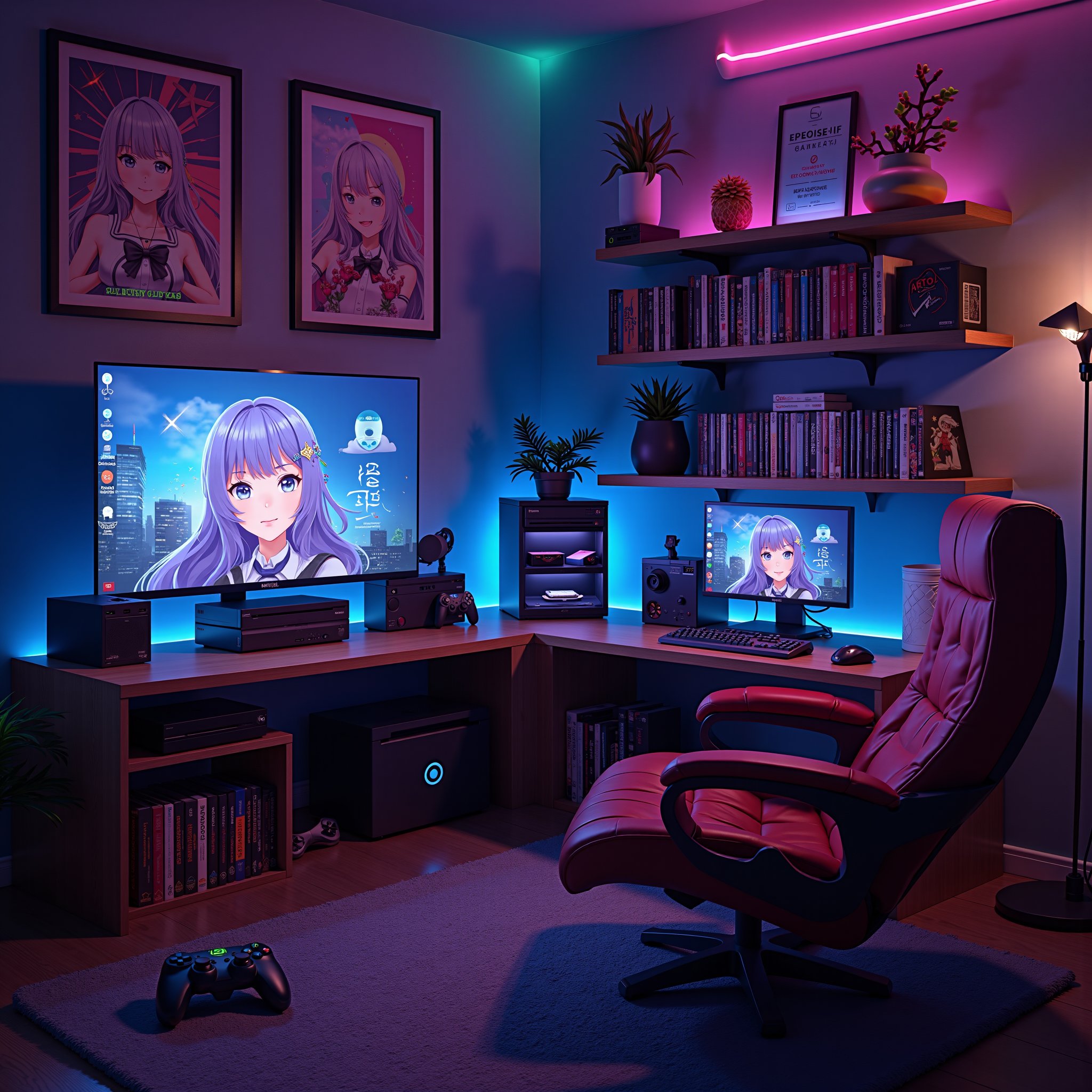 Perspective, perfect symmetry, the perfect mancave, plasma tv, video game consoles,controllers, neonglowing computer, hanging shelfs with dvds, posters of anime waifus, snacks, comfy, clean, modern, elite