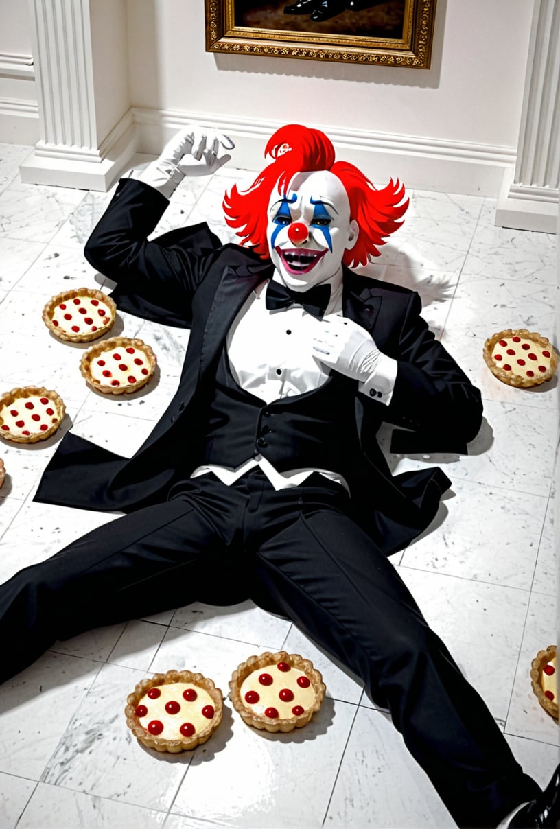 A clown in tuxedo is lying on the floor,he has been hit by several pies, he is overdramatically crawling amongst the thrown pies, inside the whitehouse