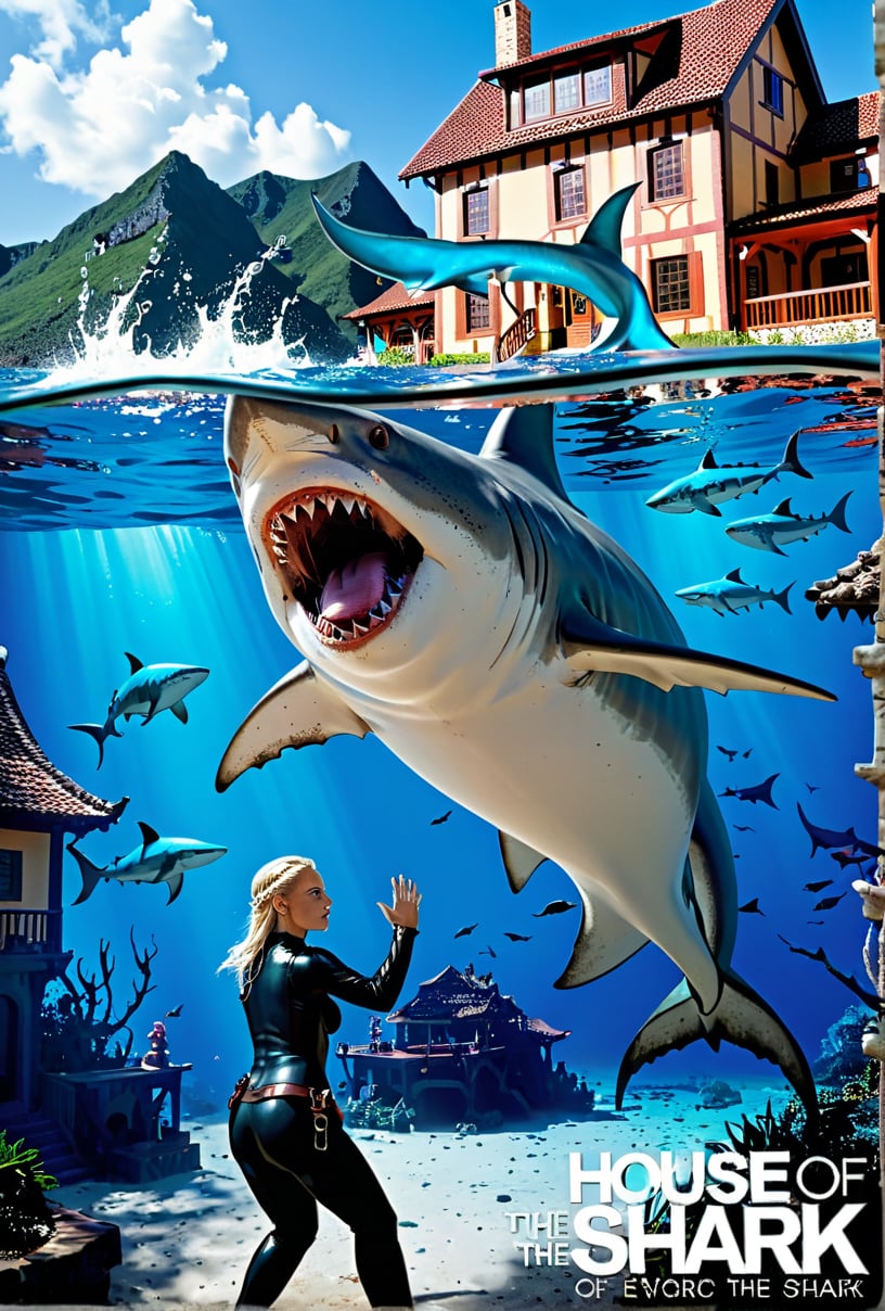 Cover for a hbo tv series called "House of the shark", its an epic fantasy drama about a house of noble sharks