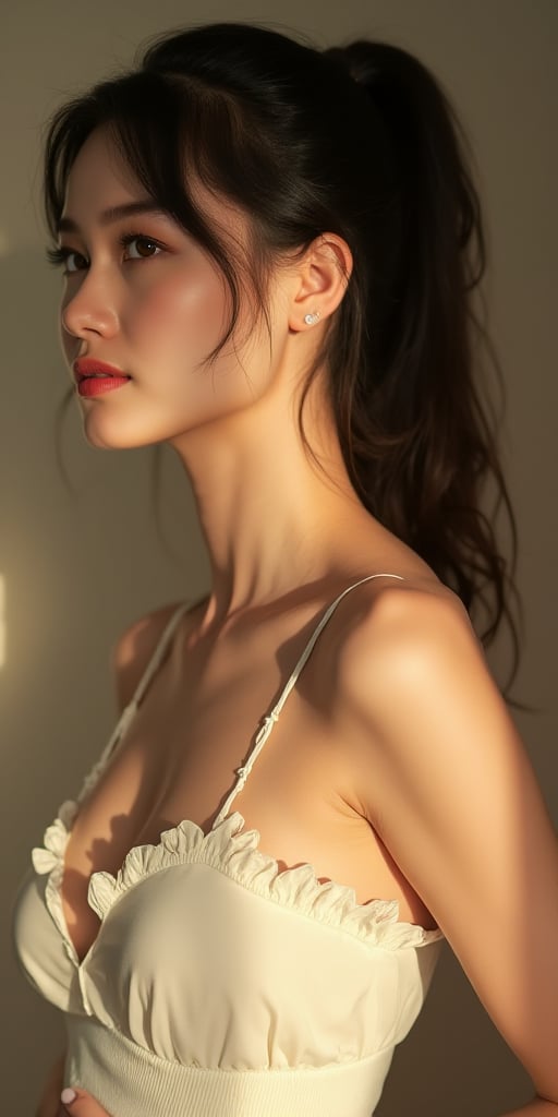 A close-up shot of a stunning Vietnamese woman, her dark hair styled in a sleek ponytail. She wears a frilly, white strapless top that accentuates her curves, with delicate straps framing her face. Soft, golden lighting illuminates her features, casting a warm glow on the creamy texture of her skin.