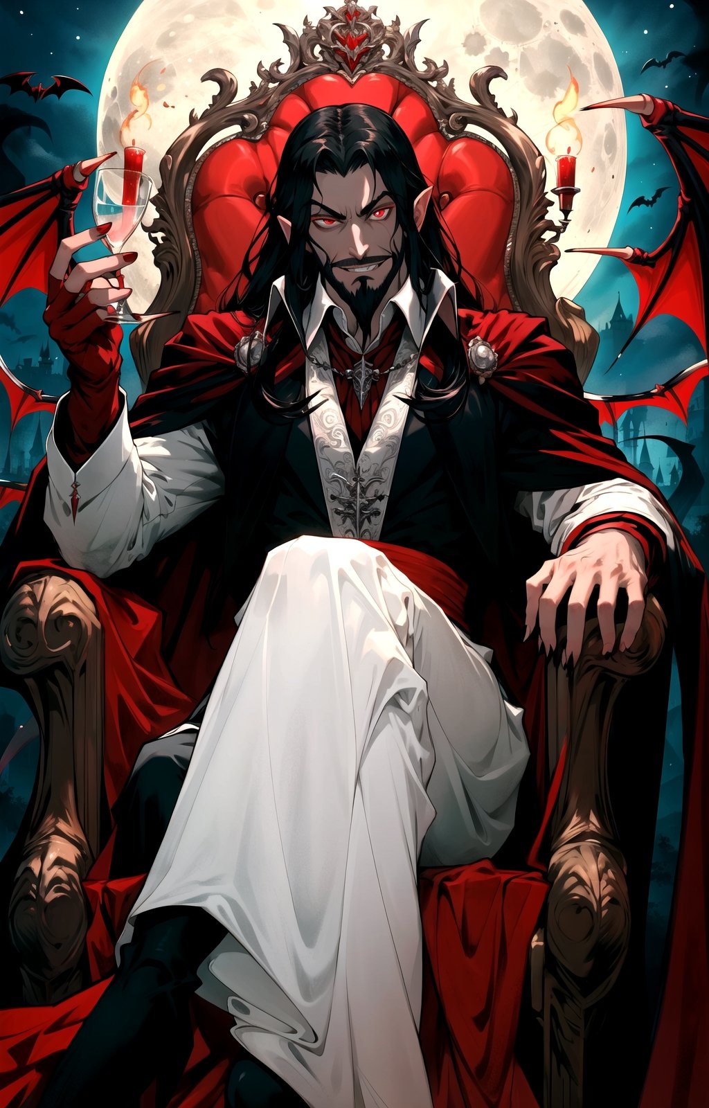 best quality,HQ,8K, dracula,symphony of the night, long hair which flows below his shoulders is black, Gaotee, bearded, From the tapering, beautiful head stare two glowing red eyes, ((red eyes)),fangs,black cape, Germany Male, confident, crooked smile, twisted lips, extending hand,
,High detailed, sitting on throne,draculacastlevania,wineglass filled with crimson red  liquid, vampire castle, the moon is full, valencia  candelabra, big throne
