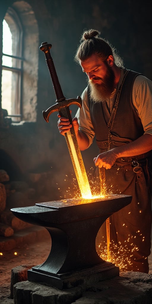 Sigurd ring, the nordic legend, in the smithy, cutting the the anvil in 2 with hes newly reforged magical sword "Gram", the smith made 2 swords that shattered against the anvil before they reforged gram and it cut the anvil into 2 pieces