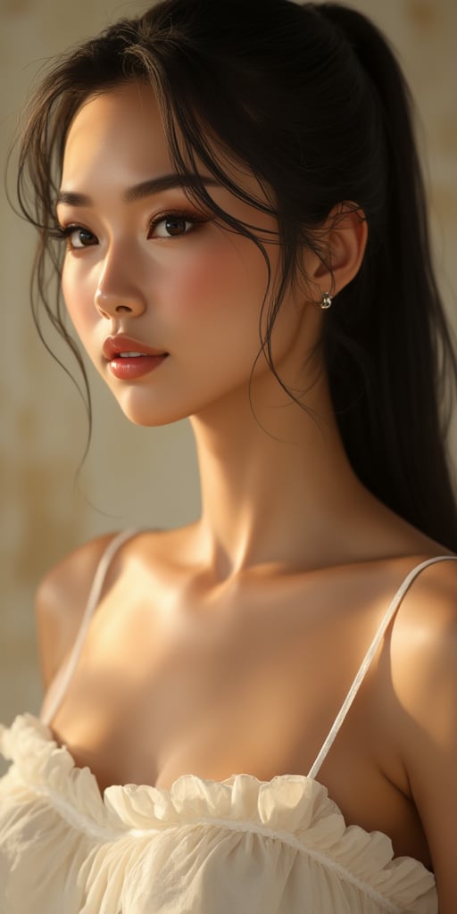 A close-up shot of a stunning Vietnamese woman, her dark hair styled in a sleek ponytail. She wears a frilly, white strapless top that accentuates her curves, with delicate straps framing her face. Soft, golden lighting illuminates her features, casting a warm glow on the creamy texture of her skin.