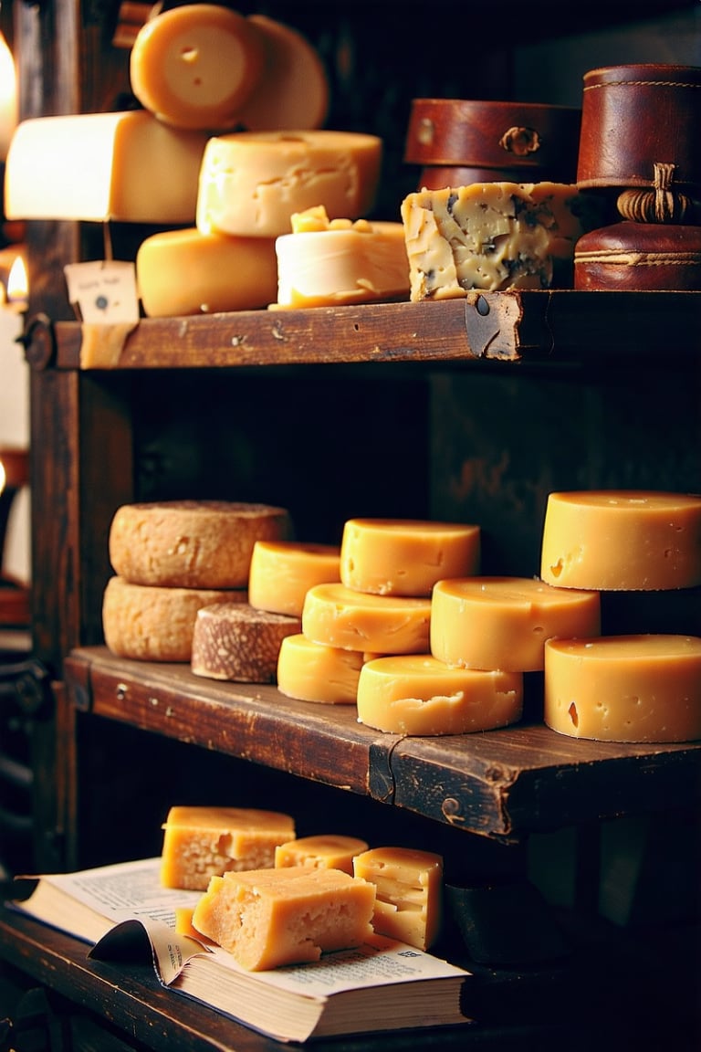 A vintage-inspired still life of artisanal cheese delights at Ye Olde Cheeze Shop. Warm golden light spills from the rustic wooden shelves, casting a cozy glow on rows of intricately aged gouda and cheddar wheels. A few strategically placed candlesticks and a worn leather-bound book add to the charming ambiance.