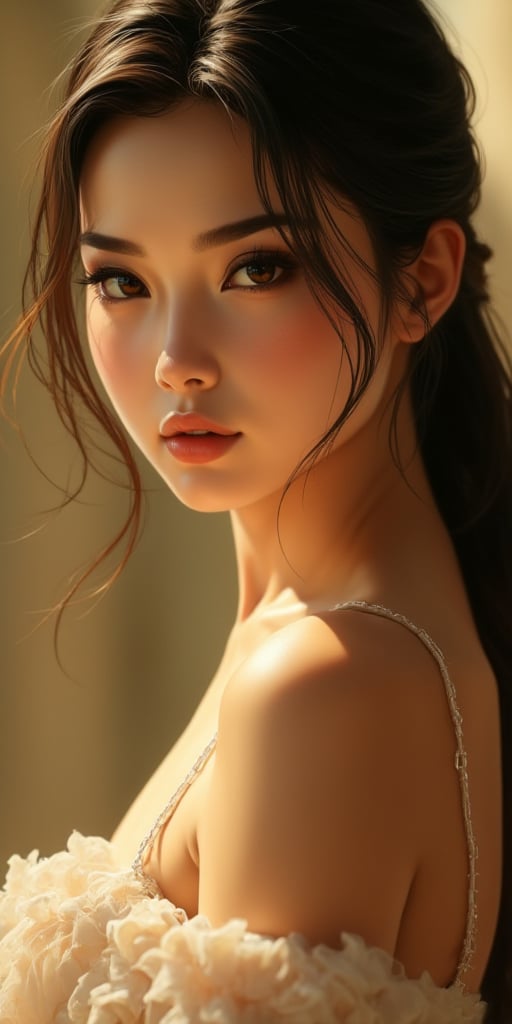 A stunning Vietnamese woman's face fills the frame, her dark hair tied back in a sleek ponytail. Soft, golden light casts a warm glow on her creamy complexion as she wears a frilly, strapless top that accentuates her curves. Delicate straps frame her face, drawing attention to her flawless features. Her perfect body and long legs are subtly hinted at as she poses regally, like a fantasy princess adorned in jewels.