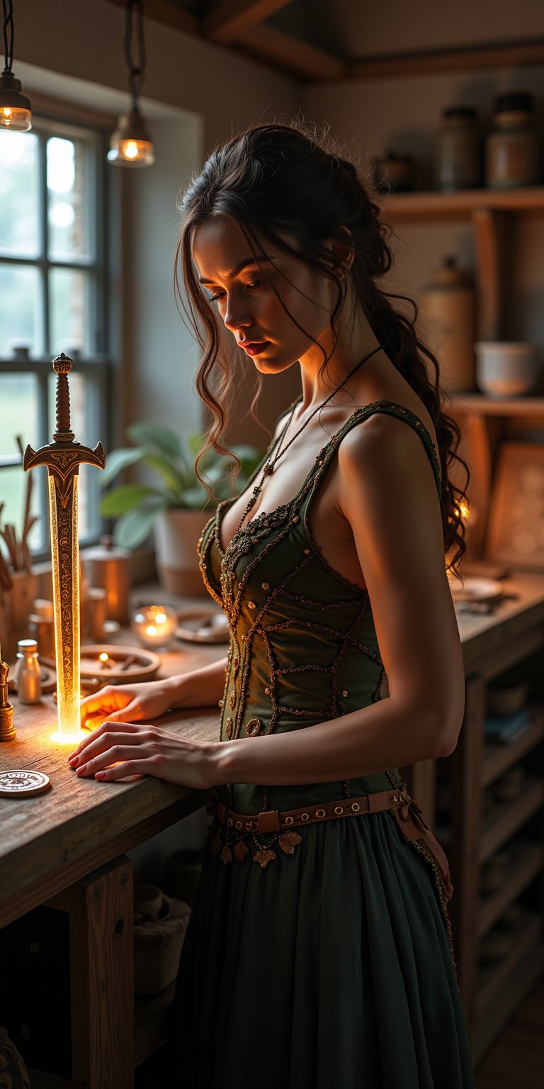 A fantasy enchantress in the magic crafts workshop, a vulptous unaturally beautiful woman in a daring dress, her hands glow as she infuses magical runes into the sword in the counter, 