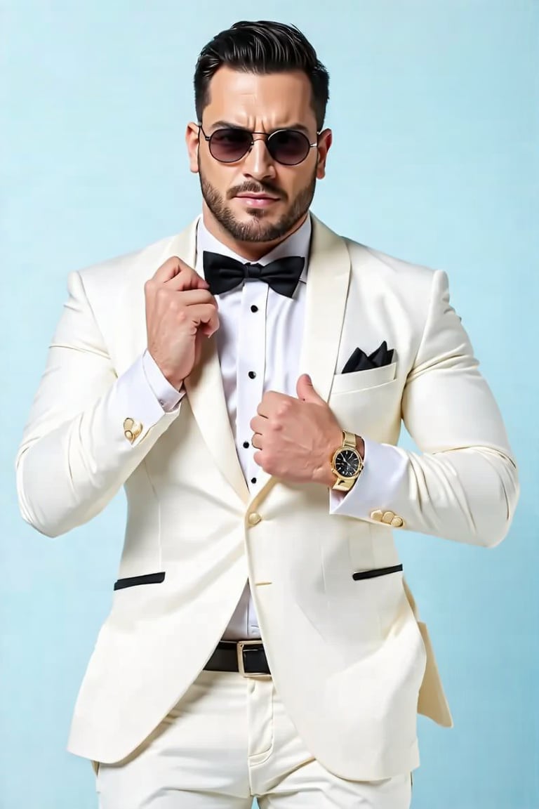 A low-angle shot of Papi, the Cuban Cartell boss, exudes confidence as he stands tall in a crisp white tuxedo. His slightly bearded jawline is strong and chiseled, matching his muscular physique. A gold watch adorns his wrist, and sleek sunglasses add a touch of sophistication. As he poses, the warm lighting accentuates his rugged features, making him seem like a force to be reckoned with. The camera captures every detail, from the subtle smirk on his lips to the way his tuxedo seems tailored to perfection.