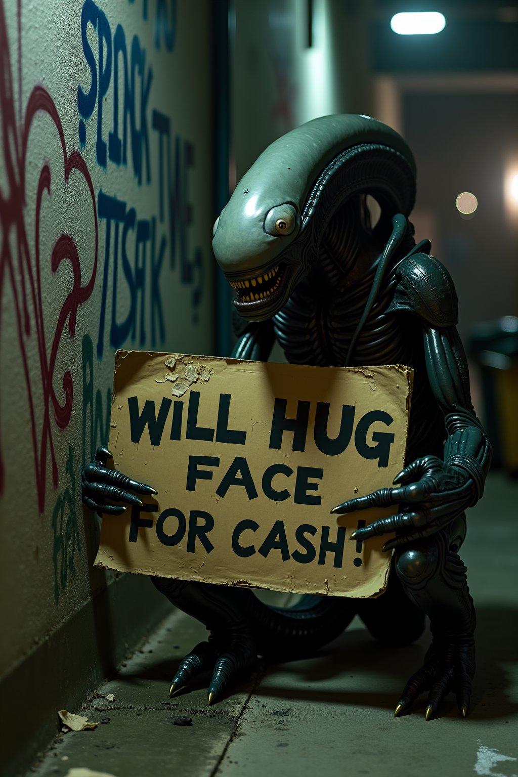 A hauntingly lit, dimly lit alleyway sets the scene as a frightening Xenomorph holds a worn-out cardboard sign reading Will hug face for cash!. The alien's razor-sharp claws grasp the sign, its long, slender body slumped against a graffiti-covered wall. A faint glow from nearby dumpsters casts an eerie light on the creature's sneaky expression, eyes pleading for a pittance, but it it a trap?