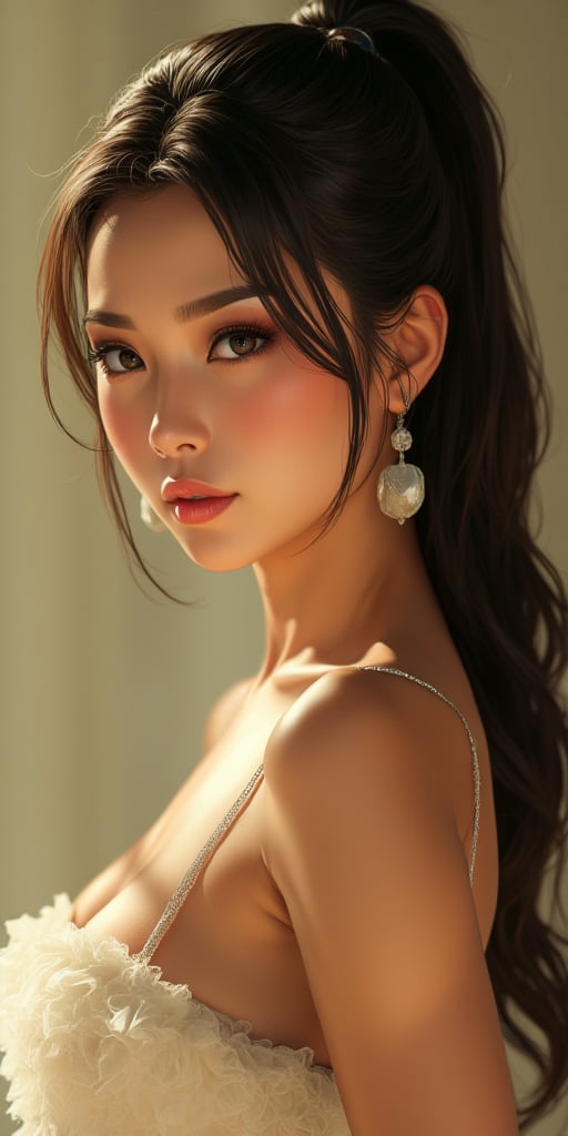 A close-up shot of a stunning Vietnamese woman, her dark hair styled in a sleek ponytail. She wears a frilly, white strapless top that accentuates her curves, with delicate straps framing her face. Soft, golden lighting illuminates her features, casting a warm glow on the creamy texture of her skin. perfect body, slim, long legs, fantasy, princess, jewlery