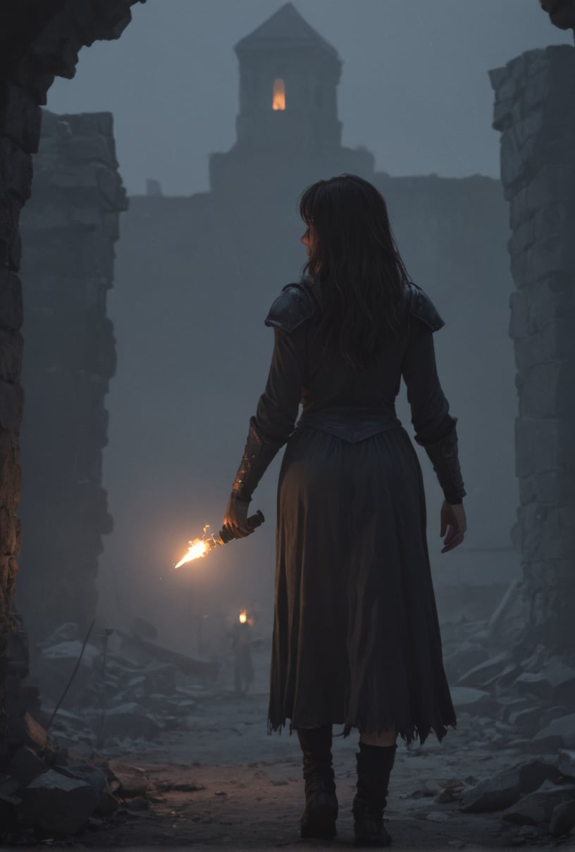 From behind,holding a dim torch, dark fantasy, gritty, sorceress, exploring, mystical, misty, 80s movie feeling, amongst stony ruins of alien origin,  crows in the air,