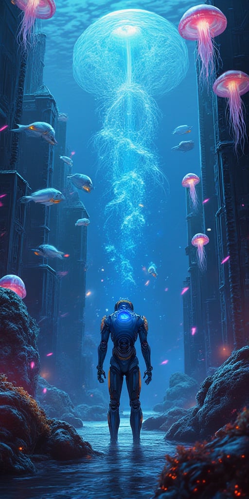 A daring challenge! Here's a prompt for an unprecedented image:

A futuristic, neon-lit underwater cityscape at dusk, with glowing jellyfish 'streets' and towering kelp skyscrapers. A school of iridescent fish in shimmering scales form a swirling vortex around a humanoid robot, its LED eyes fixed on a submerged, ancient, glowing artifact.