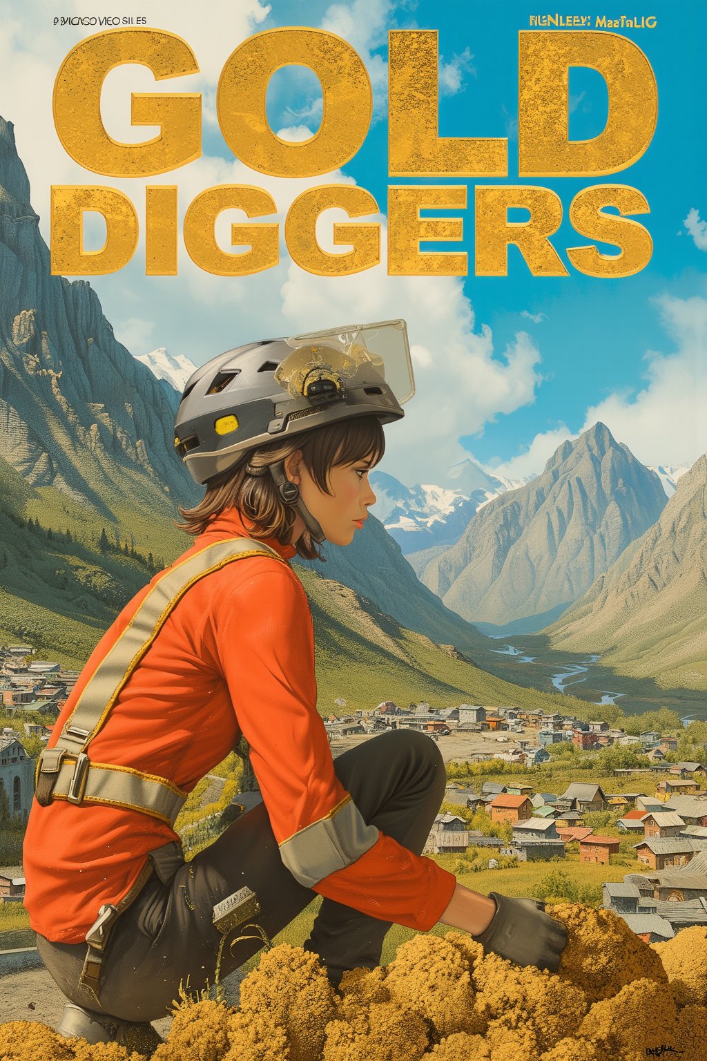 GOLD DIGGERS magazine cover:

A majestic, sun-kissed Klondike landscape serves as the backdrop for our cover star. A stunning young woman, clad in a sleek helmet and reflex vest, kneels amidst the rugged terrain, shovel poised in hand. Her gaze is cast downward, as if lost in thought or gazing upon a hidden treasure.

The GOLD DIGGERS title dominates the top of the frame, emblazoned in large, golden font that seems to shimmer like the precious metal itself. The composition is masterfully framed, with the girl's figure forming a diagonal line that leads the viewer's eye to the shovel's gleaming surface.

The natural beauty of the Klondike scenery provides a striking contrast to the woman's urban attire, hinting at the allure and excitement of the unknown riches hidden beneath the earth. As the title suggests, is she a gold digger in the classical sense – or does she represent something more? The mystery only adds to the allure of this captivating image, inviting readers to dive into the world within the magazine's pages.