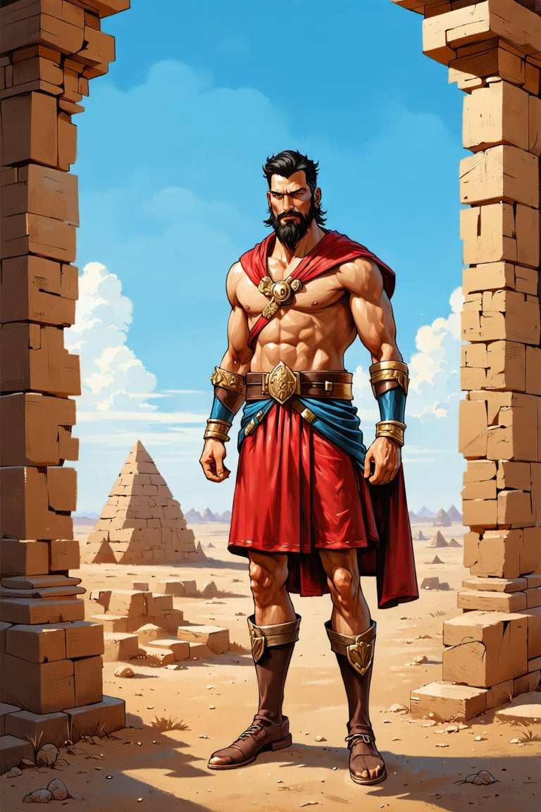 Fantasy,A majestic shot of King Gilgamesh standing in front of the Temple of Nineveh in ancient Uruk. The king's regal figure is framed by the imposing stone structure's columns, with warm golden light casting a sense of grandeur and authority. He stands tall, one hand grasping the temple's intricate carvings, as if claiming dominion over the sacred site. His eyes seem to hold a hint of wisdom and nostalgia, gazing out at the vast expanse of Mesopotamian plains.