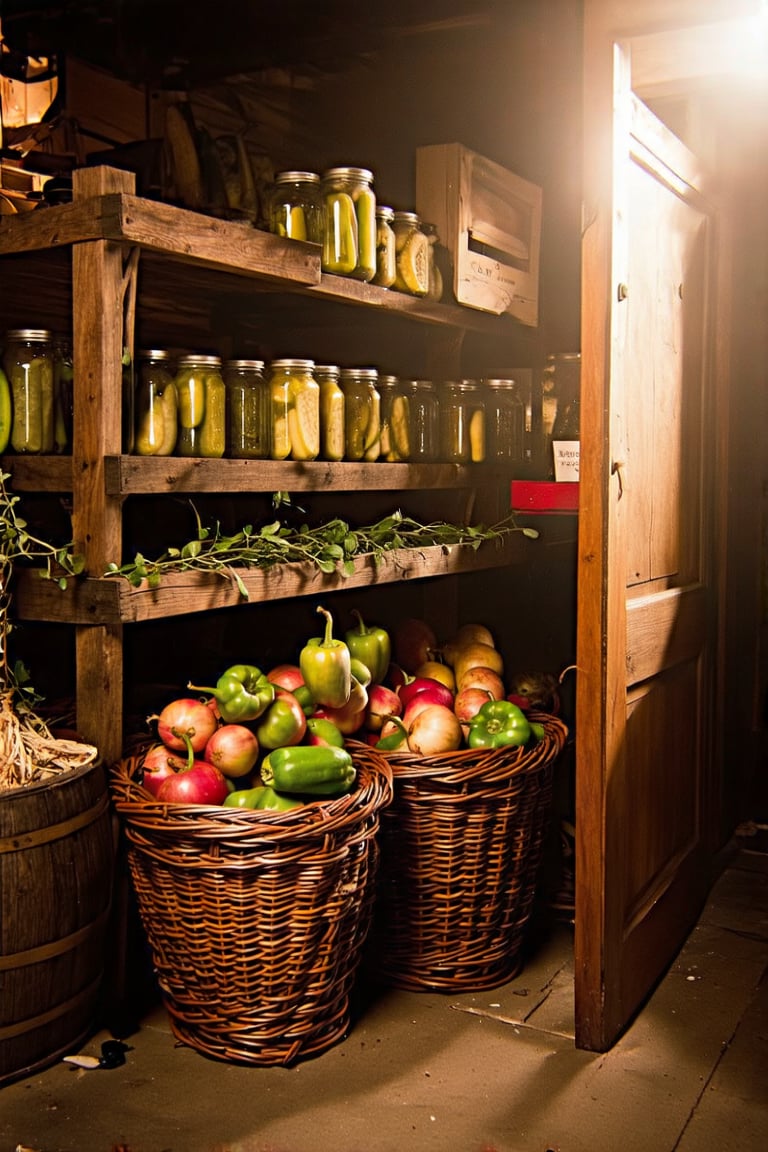 A vintage market scene: A rustic wooden shelf overflows with jars of homemade pickles, stacked haphazardly beside a weathered oak barrel. Crates of freshly pickled turnips and peppers sit atop the shelf, while bunches of crisp unions spill out from woven baskets at the base. Warm golden light spills in through the open door, illuminating the colorful array of preserved delicacies.