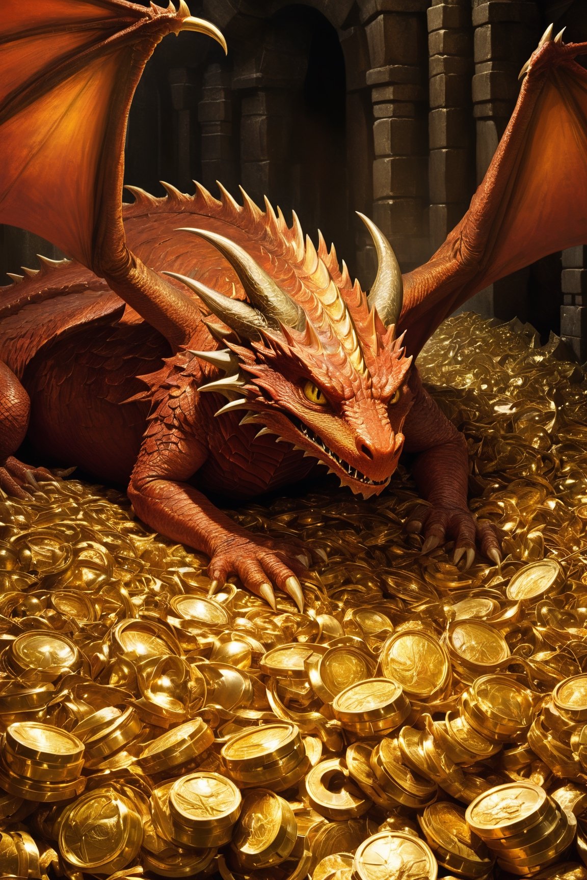 Fragon sleeping on its horde of treasure, epic proportions,(colorful), dreamlike, gold,treasure,riches,pules of gold,trasure vault, (fantasy, inspired by smaug from the hobit, scifi set:1.45) : 0.25], (Movie Still | movie poster), smaug sleeping on its treasure horde