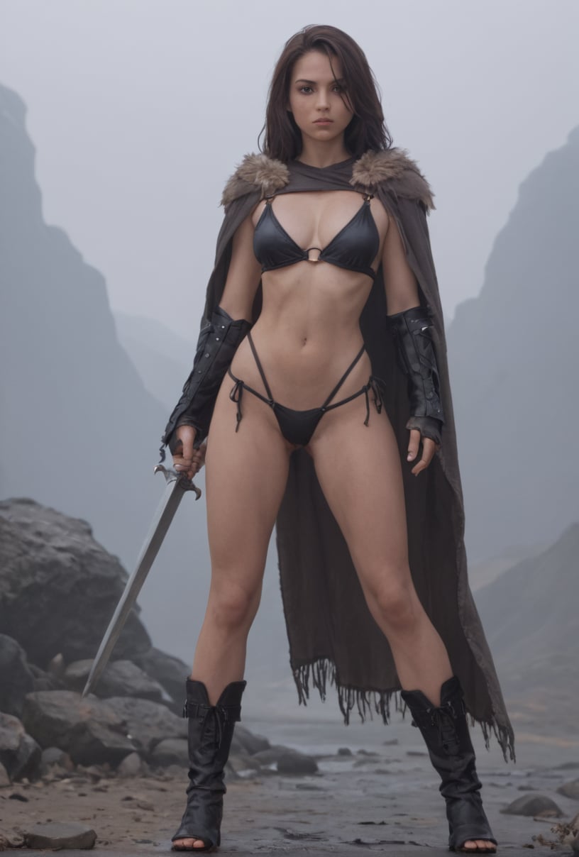 A lone warrior woman, clad in a worn leather cape, strappy armor, and a fur-lined bikini, stands tall amidst the mystical mist. Her sword at the ready, she surveys the dark fantasy landscape with a gritty determination. The camera zooms in on her intense gaze as the mist swirls around her, evoking an 80s movie vibe of rugged heroism.