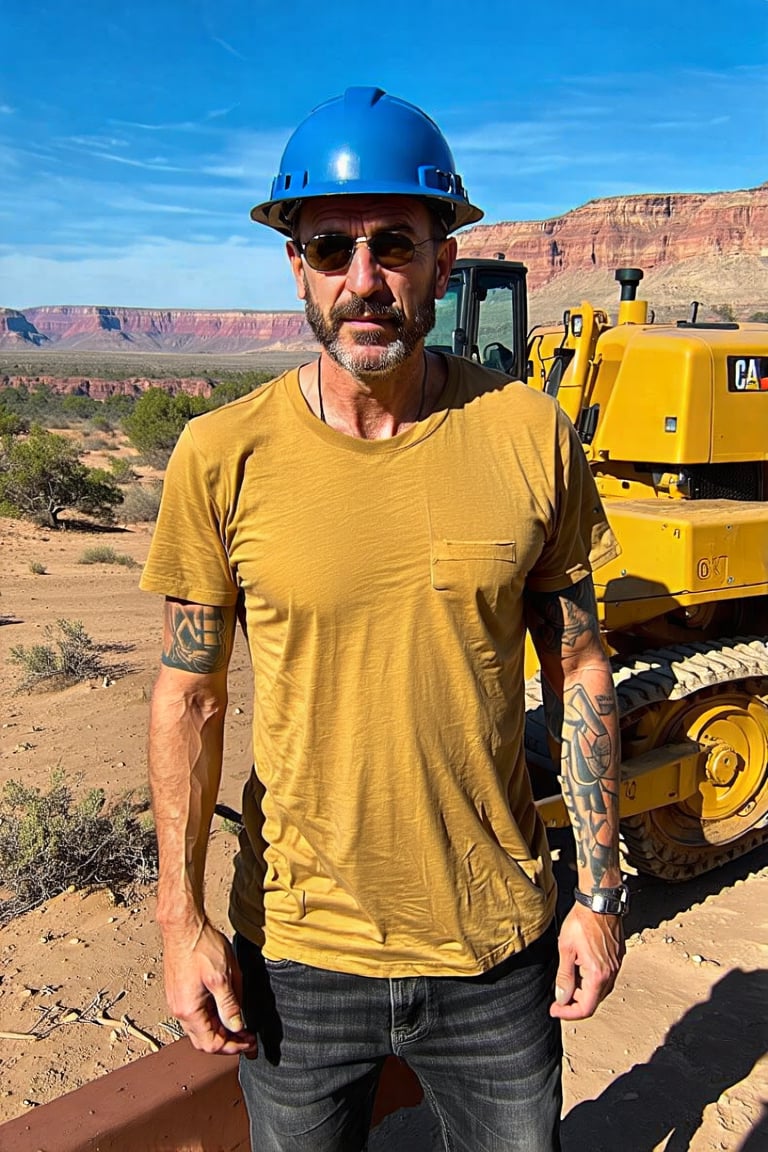 A rugged gold miner stands defiantly in the sun-baked Australian Outback, his grizzled face framed by a bushy beard and intricate tattoos. A faded yellow T-shirt clings to his weathered torso, while a worn blue security helmet sits atop his tousled hair. Sunglasses perch on the bridge of his nose, casting a shadow over his piercing gaze. In the background, a bulldozer's heavy machinery rumbles through the dusty terrain, a testament to the miner's relentless pursuit of gold in this unforgiving landscape.