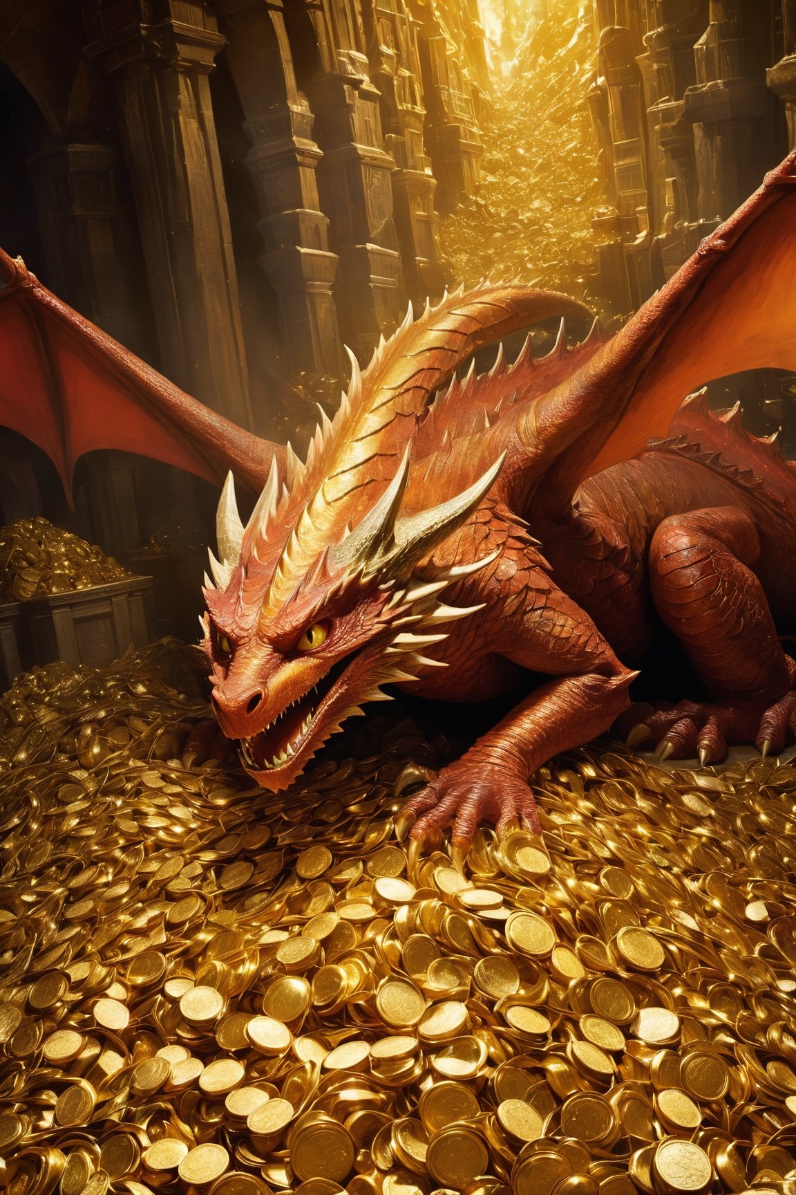 Fragon sleeping on its horde of treasure, epic proportions,(colorful), dreamlike, gold,treasure,riches,pules of gold,trasure vault, (fantasy, inspired by smaug from the hobit, scifi set:1.45) : 0.25], (Movie Still | movie poster), smaug sleeping on its treasure horde