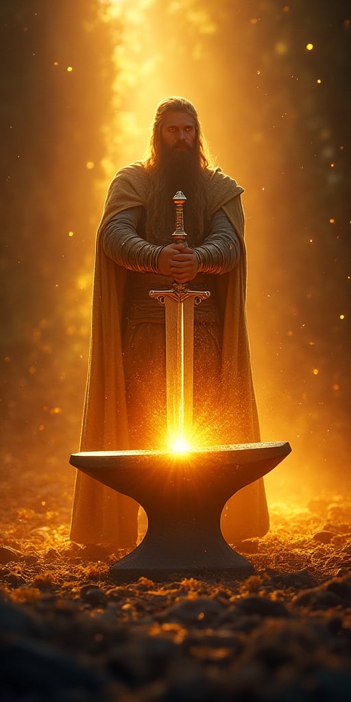 A majestic shot of King Sigurd Ring wielding the legendary magic sword Gram, as it slices through an ancient anvil with precision. The camera frames the powerful moment from a low angle, looking up at the duo. Warm golden lighting highlights the scene, casting a heroic glow on the king and the glowing anvil halves, now parted like the very fabric of fate. Sigurd's mighty pose, Gram's sharp edges, and the anvil's radiant glow create a breathtaking tableau of Nordic valor.