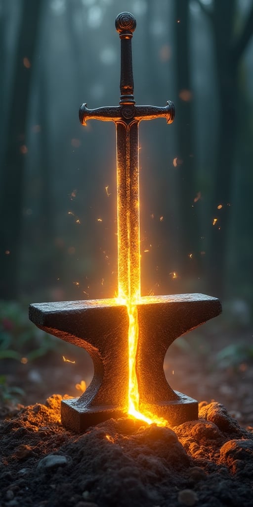 An anvil is sliced in 2 halves by the blow of the mighty magic sword called Gram, its wielded by Sigurd Ring, the nordic would be king, the anvil is glowing where the swords sharp edges touched it and parted it in 2