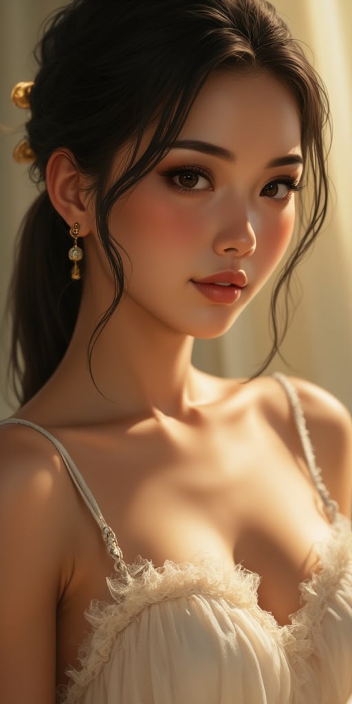 A close-up shot of a stunning Vietnamese woman, her dark hair styled in a sleek ponytail. She wears a frilly, white strapless top that accentuates her curves, with delicate straps framing her face. Soft, golden lighting illuminates her features, casting a warm glow on the creamy texture of her skin. perfect body, slim, long legs, fantasy, princess, jewlery