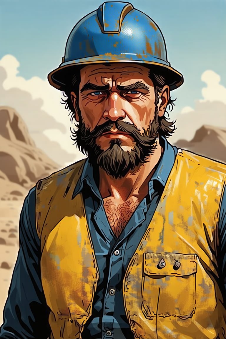 A rugged manly figure, a gold miner from days of old, dons a worn blue security helmet and wears a faded yellow vest. His thick beard is unkempt and wild, framing his weathered face. Amidst the dusty terrain, he frantically attends to a leaking pump, panic etched on his brow as Clondyke's golden promise seems to slip away.