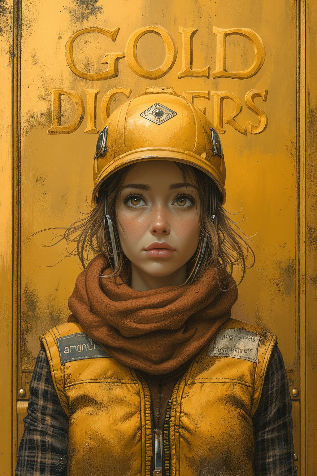 magazine cover, large golden font on top, "GOLD DIGGERS" as the world famous magazine. Generate a cover for the magazine "GOLD DIGGERS featuring: (masterpiece, high quality, 8K, high_res), 
nature art style, real picture, klondyke, girl with helmet reflex vest and golden showel, insinuation at the double meaning of the word gold digger, 
