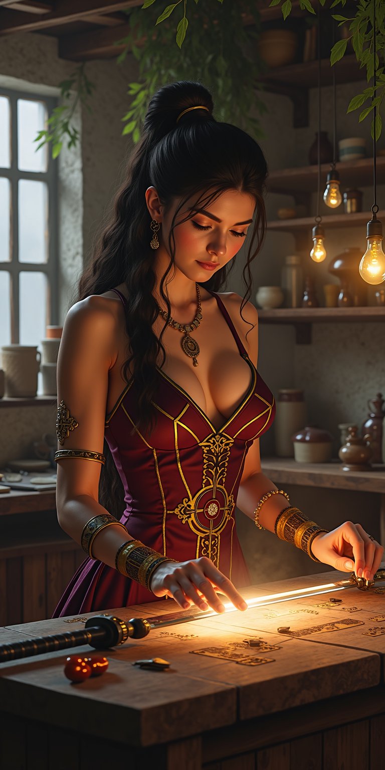 A fantasy enchantress in the magic crafts workshop, a vulptous unaturally beautiful woman in a daring dress, her hands glow as she infuses magical runes into the sword in the counter, Inspired by Jeanne from the suikoden series