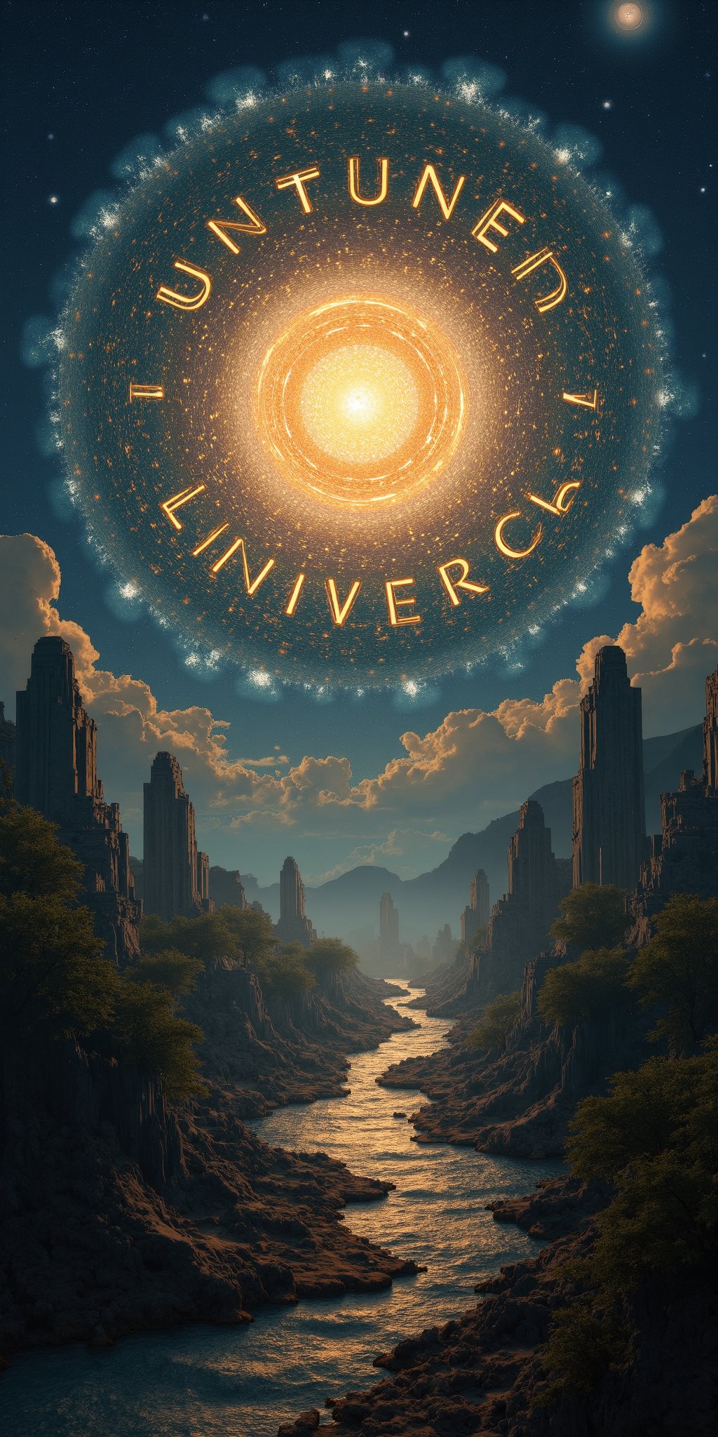 Untuned Universe logotype: A mesmerizing, circular design featuring a swirling vortex of star-like shapes, blending seamlessly with the curved text. The spiral pattern radiates outward, as if drawing the viewer into the dreamlike realm. In this warped space, prehistoric creatures like dinosaurs lazily float amidst crumbling megalithic structures, suspended in an eerie, weightless environment, where gravity appears to be a distant memory. The artist name "Untuned Universe" Is displayed ontop of the picture in letters that look like golden bars